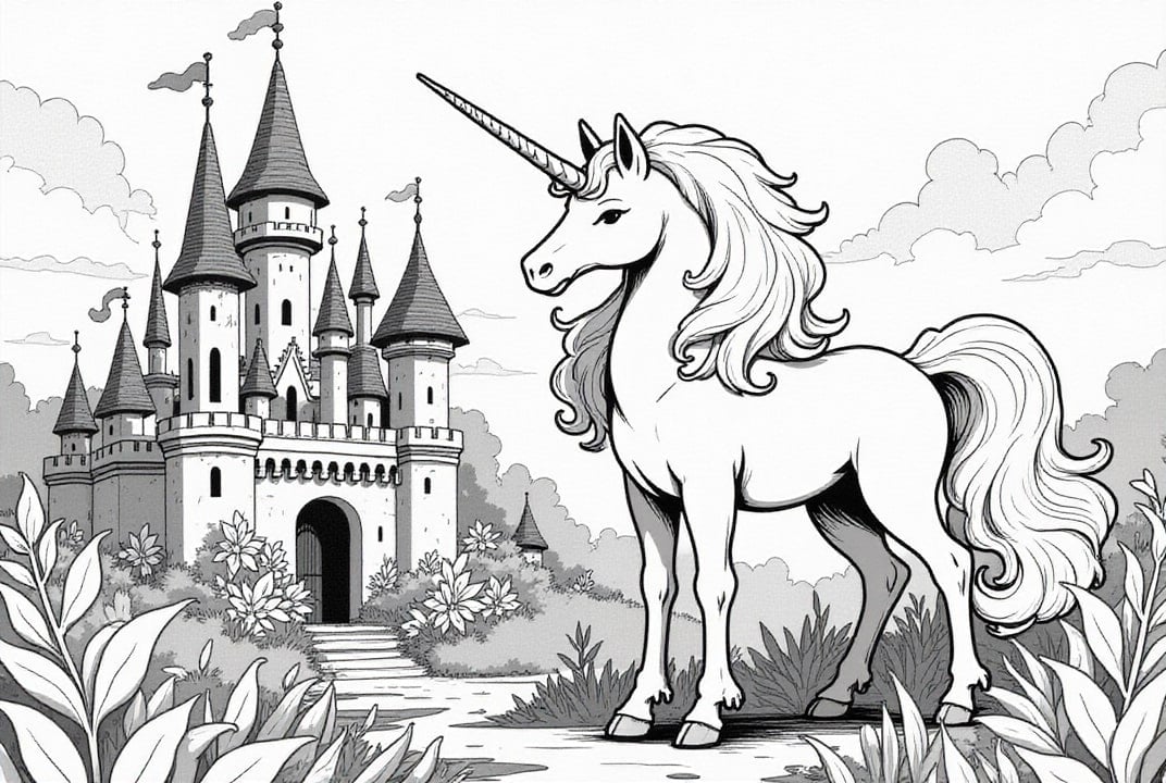 Dibujo para colorear unicornio para castillo