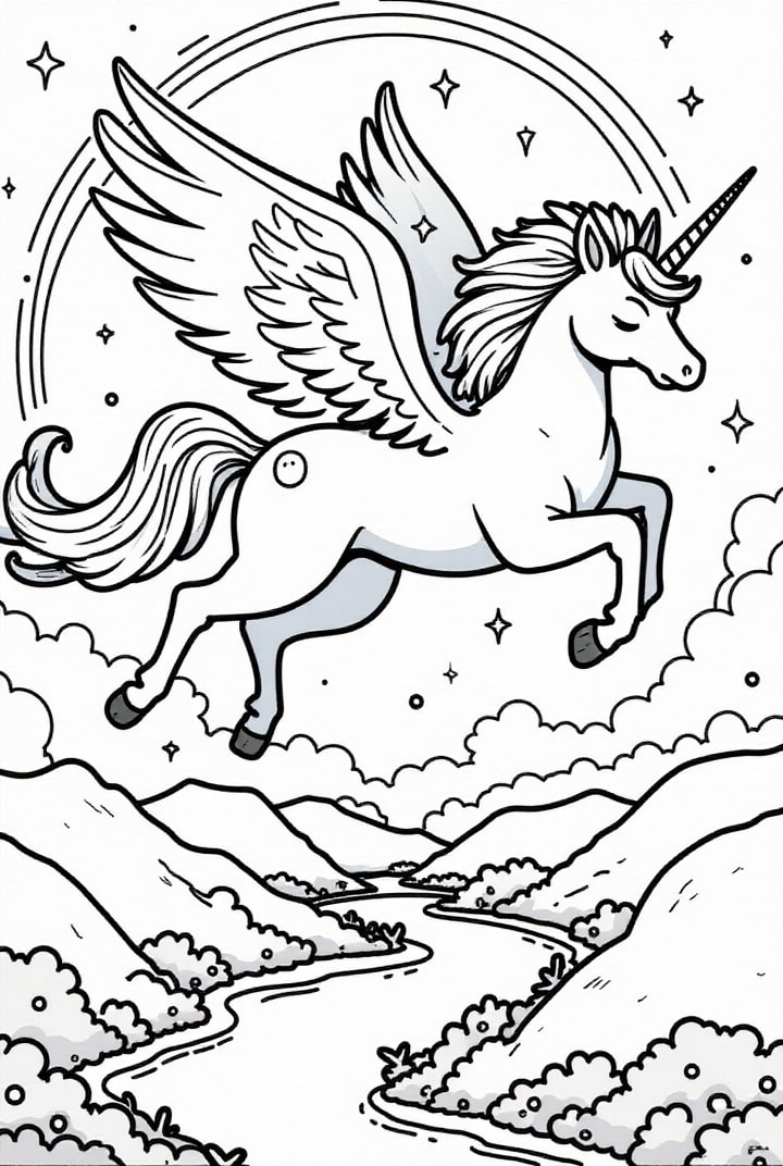 Dibujo para colorear unicornio volando por el cielo