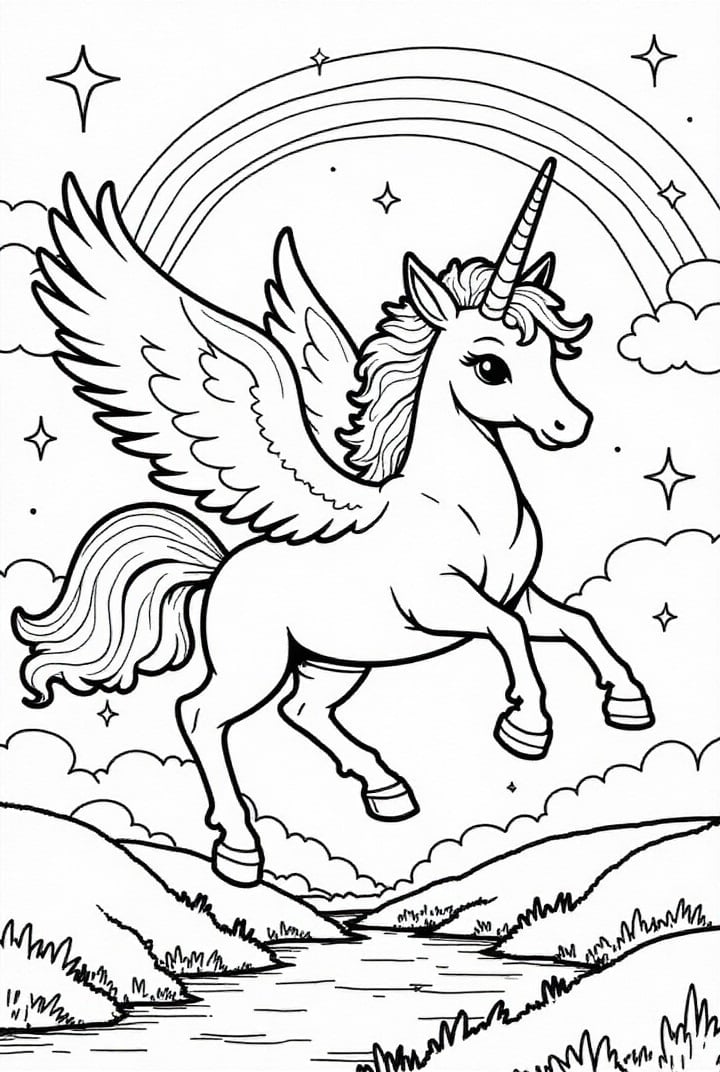 Dibujo para colorear unicornio volando por el cielo con arcoiris