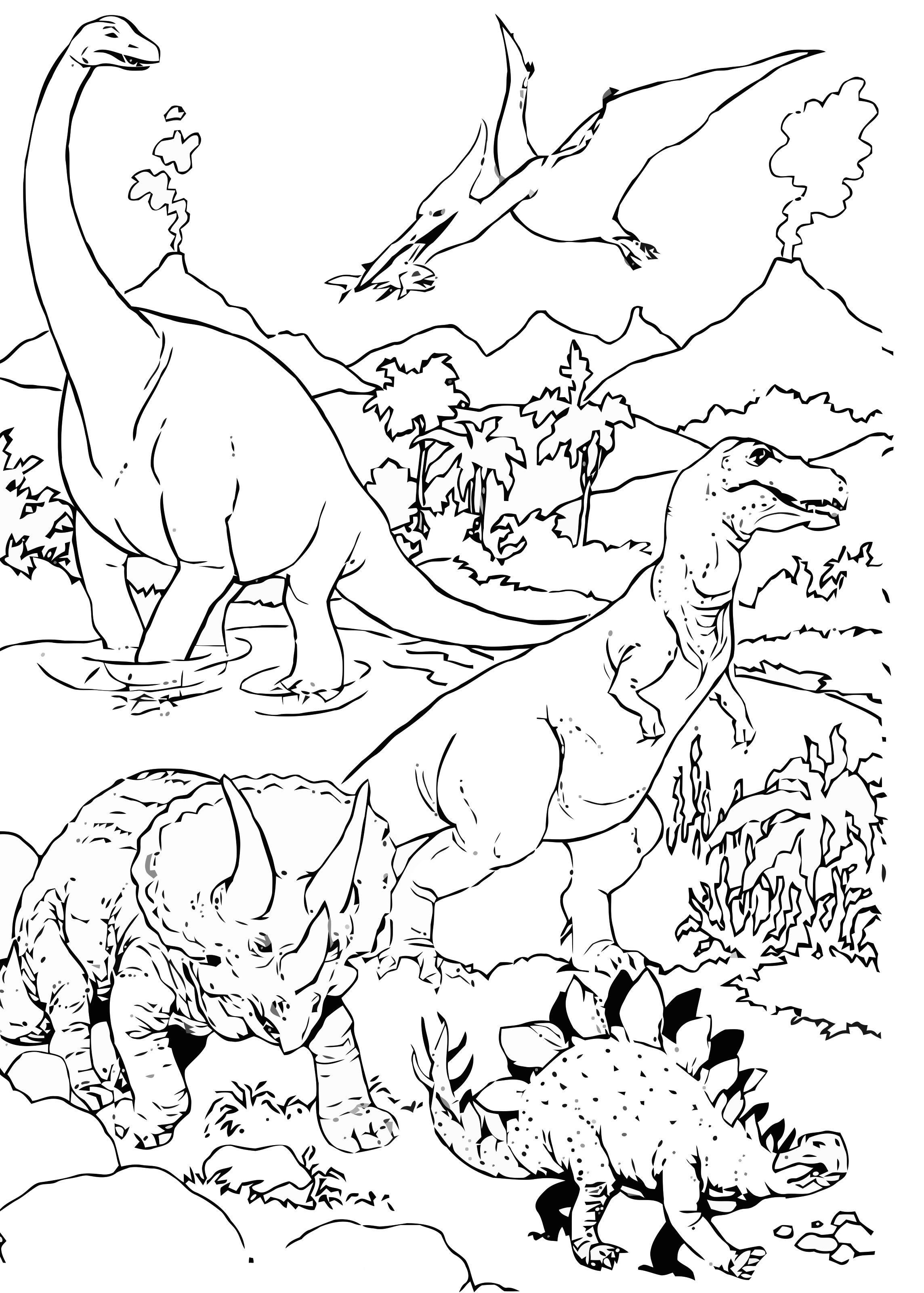 Dibujo para colorear dinosaurios en paisaje