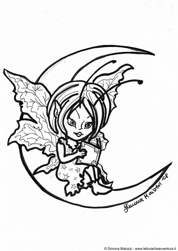 Dibujo para colorear elfo en la luna