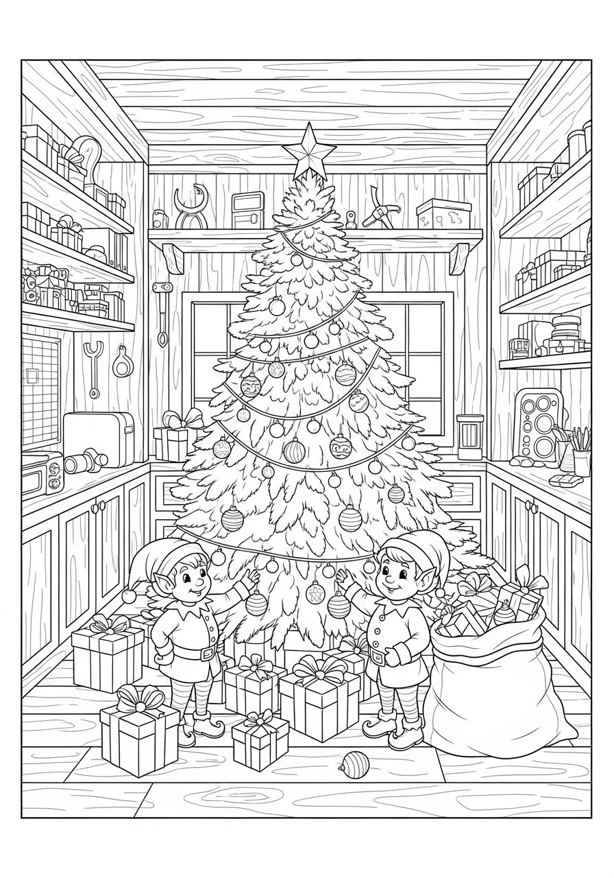 Dibujo para colorear elfos navidenos en el A¡rbol de navidad