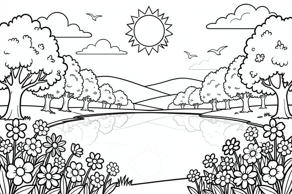 escena de verano Dibujo para colorear escena de verano