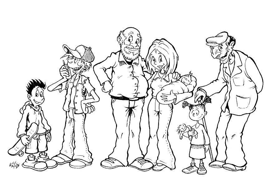 Dibujo para colorear familia de diferentes generaciones
