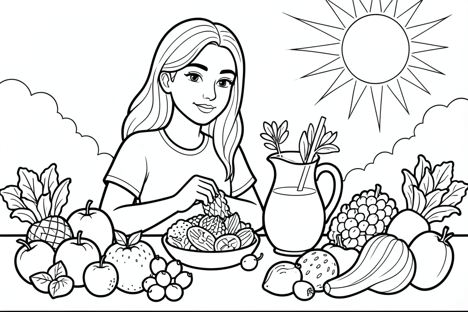 frutas y verduras en un dAa de verano Dibujo para colorear frutas y verduras en un dAa de verano