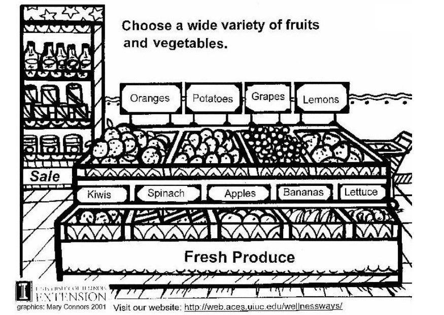 Dibujo para colorear frutas y verduras frescas