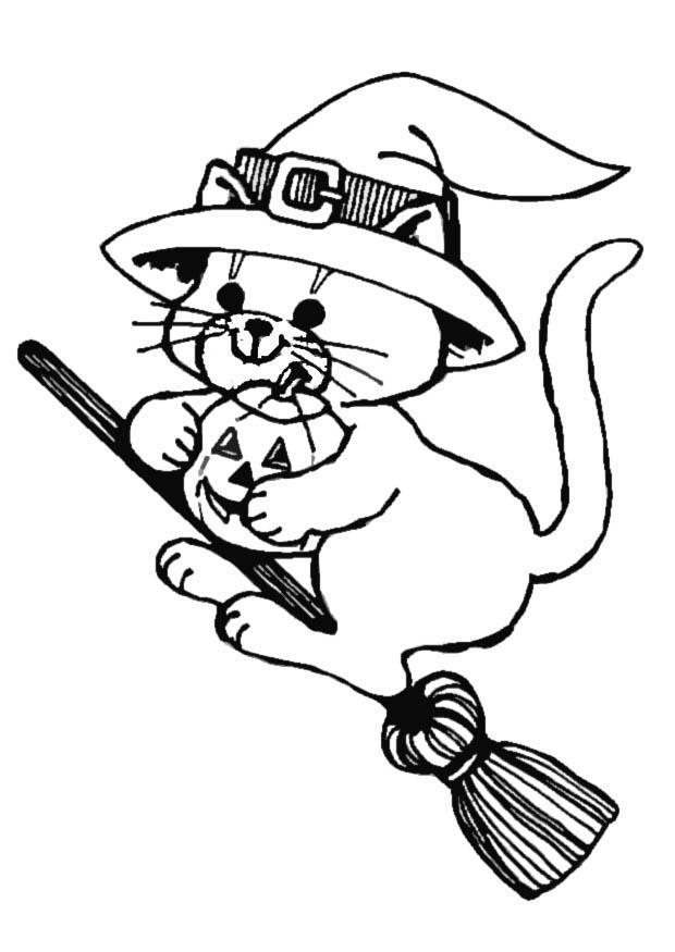 Dibujo para colorear gato en escoba