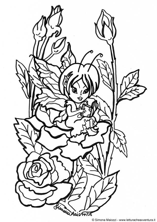 Dibujo para colorear hada entre rosas