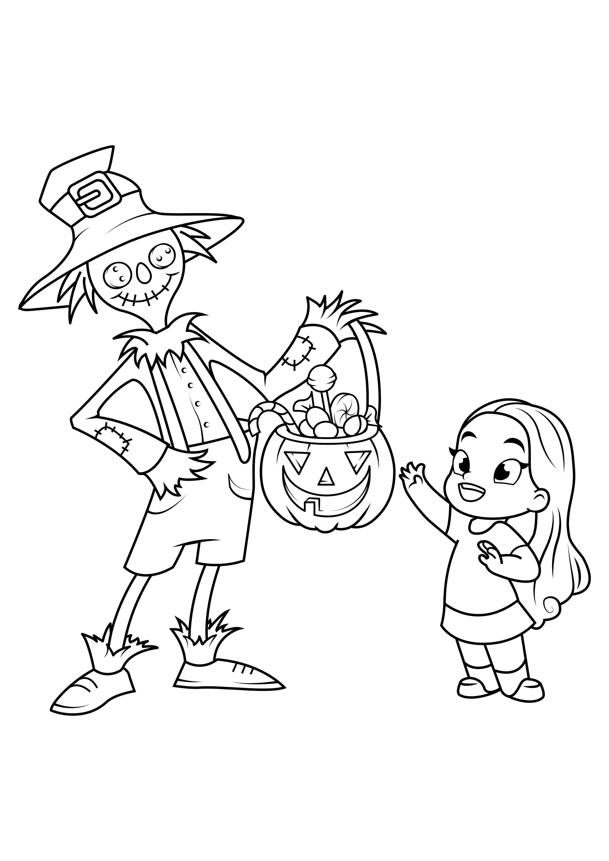 halloween truco o trato nina dulce espantapA¡jaros Dibujo para colorear halloween truco o trato nina dulce espantapA¡jaros