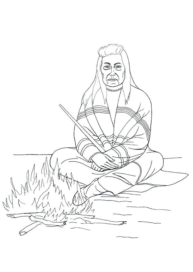 Dibujo para colorear indio en fogata