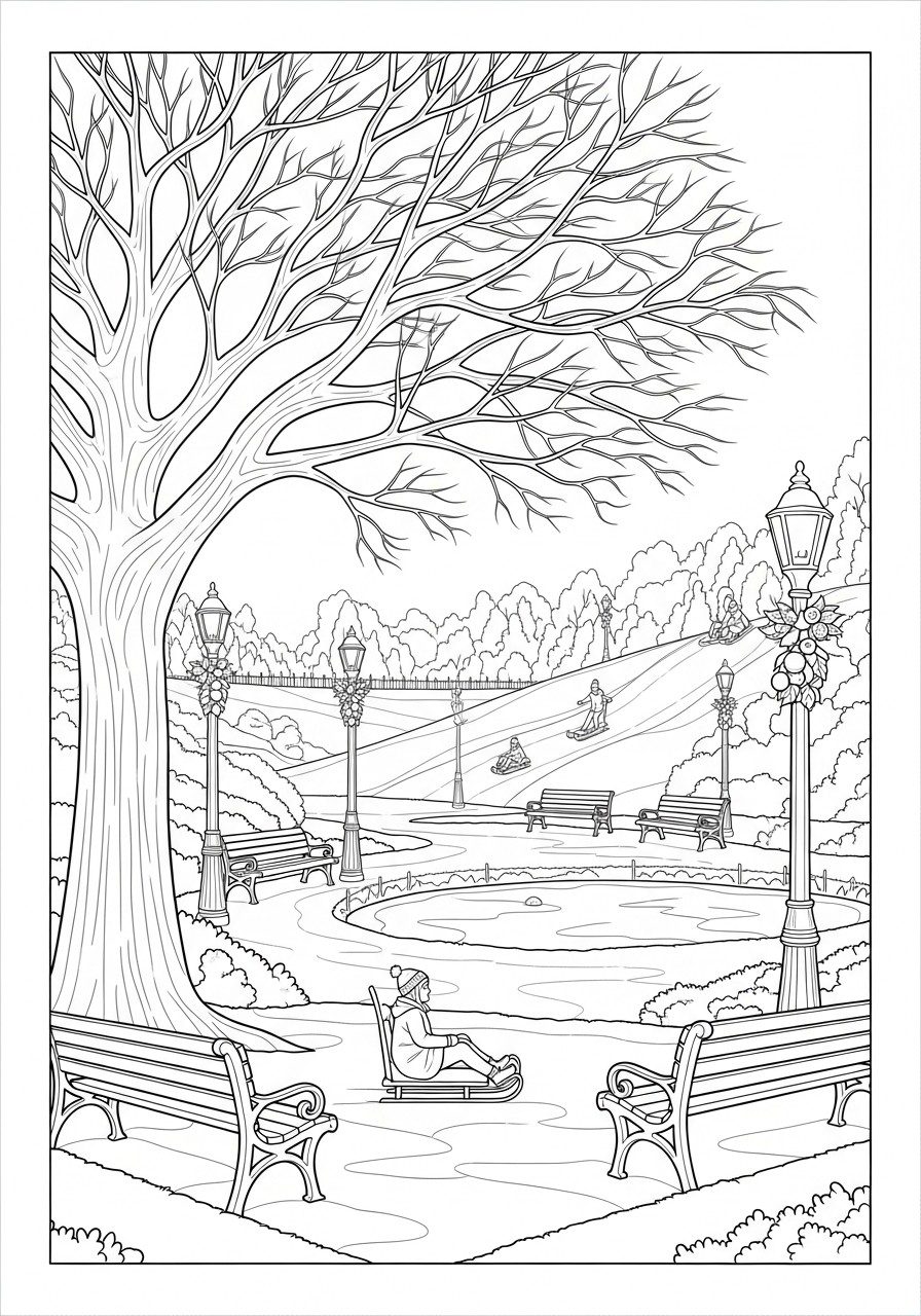 invierno en el parque Dibujo para colorear invierno en el parque