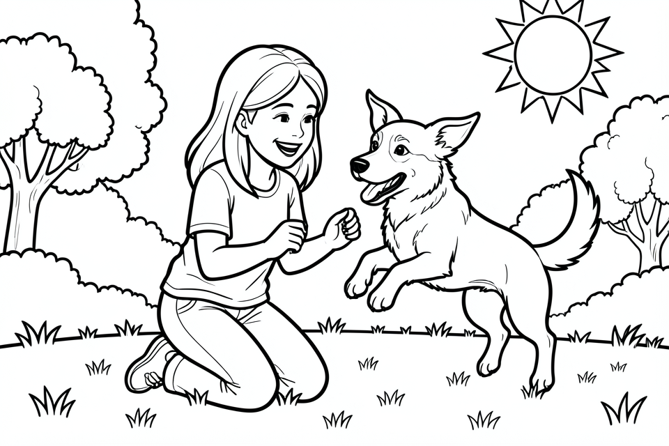 la nina juega con su perro. Dibujo para colorear la nina juega con su perro.