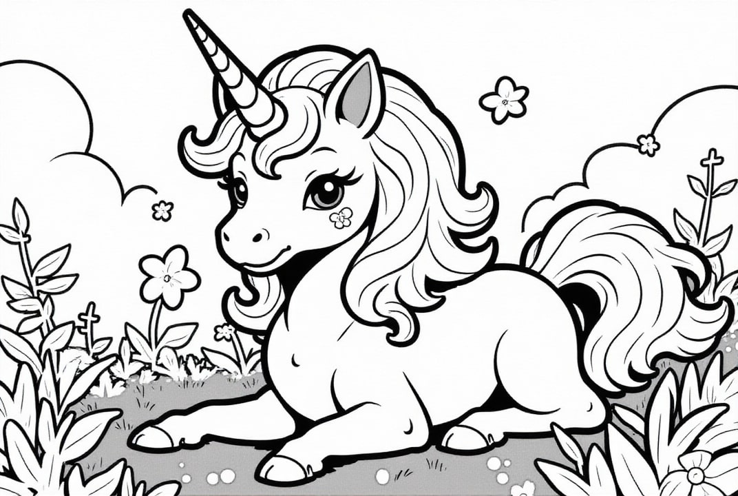 Dibujo para colorear lindo unicornio en el prado