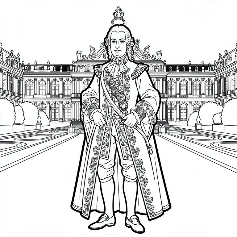 Dibujo para colorear luis xiv frente a su palacio de versalles.