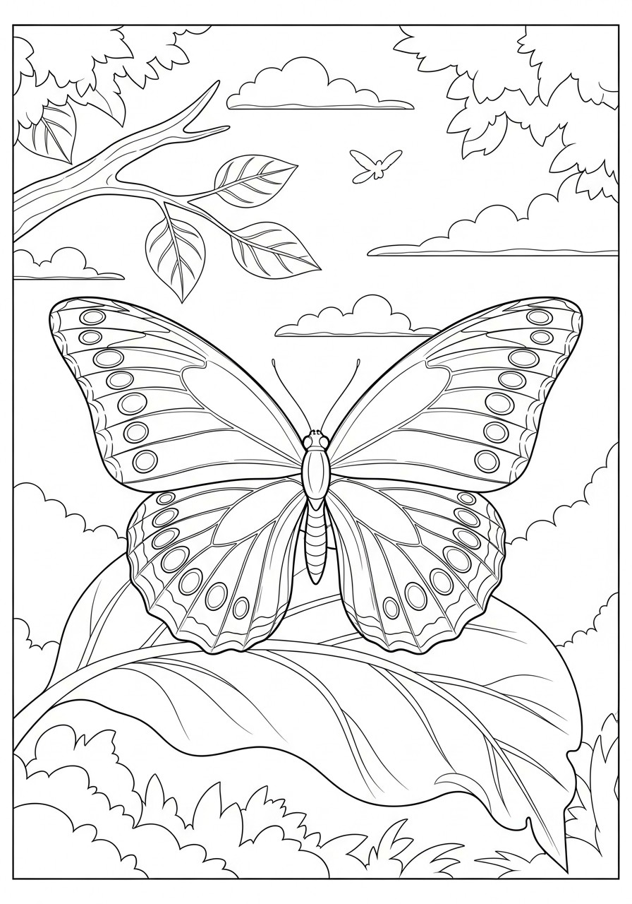 Dibujo para colorear mariposa en una hoja