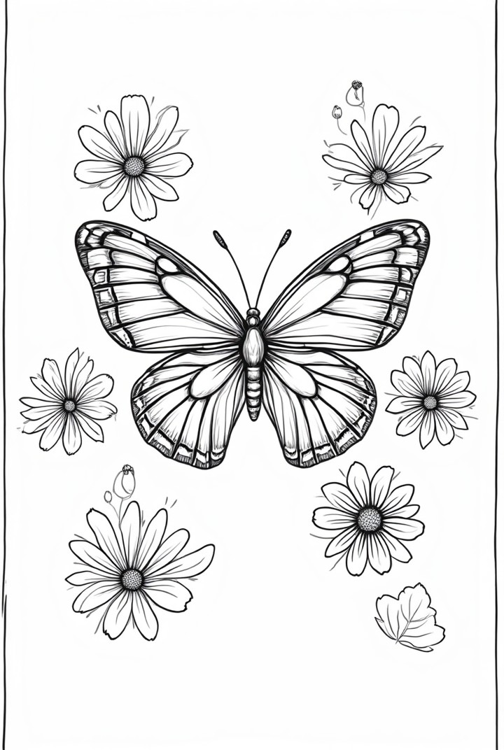 Dibujo para colorear mariposa entre las flores