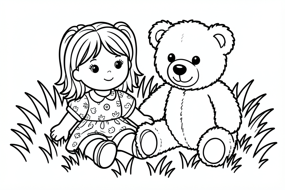 muneca y oso en la hierba Dibujo para colorear muneca y oso en la hierba