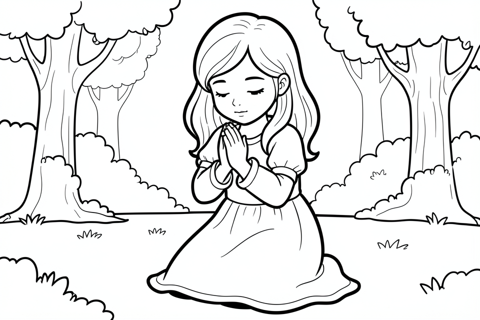 Dibujo para colorear nina rezando en la naturaleza