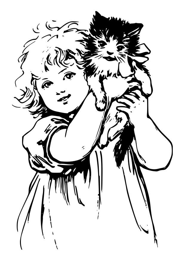 nina con gato Dibujo para colorear nina con gato