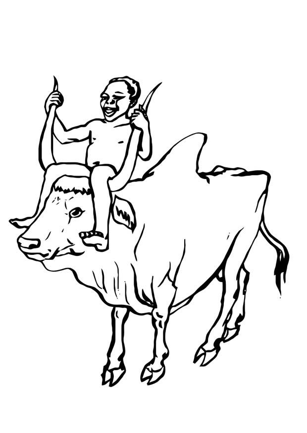 Dibujo para colorear nino en vaca