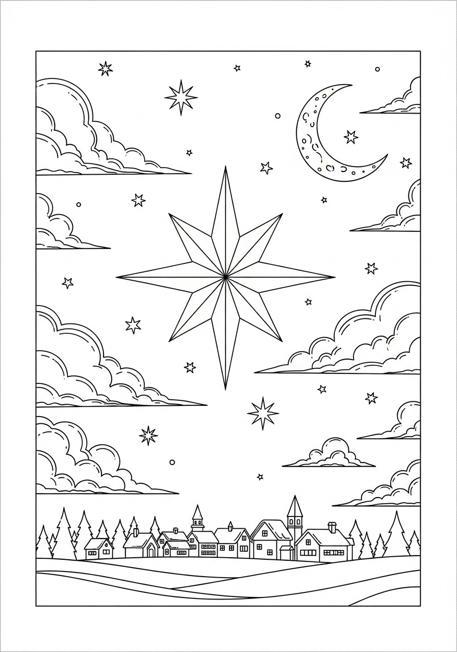 Dibujo para colorear paisaje navideno con estrellas
