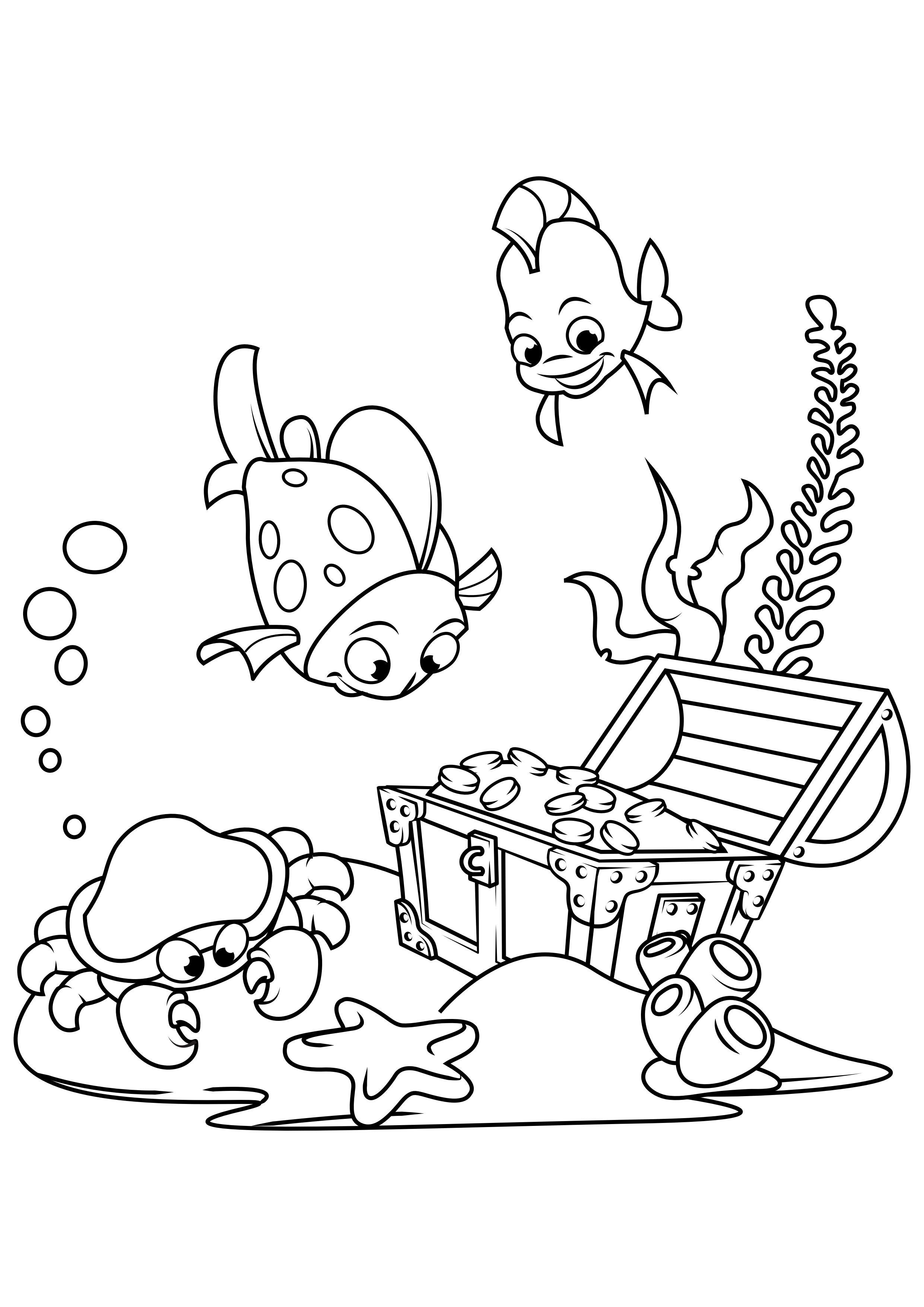 peces y cangrejos encuentran tesoros Dibujo para colorear peces y cangrejos encuentran tesoros