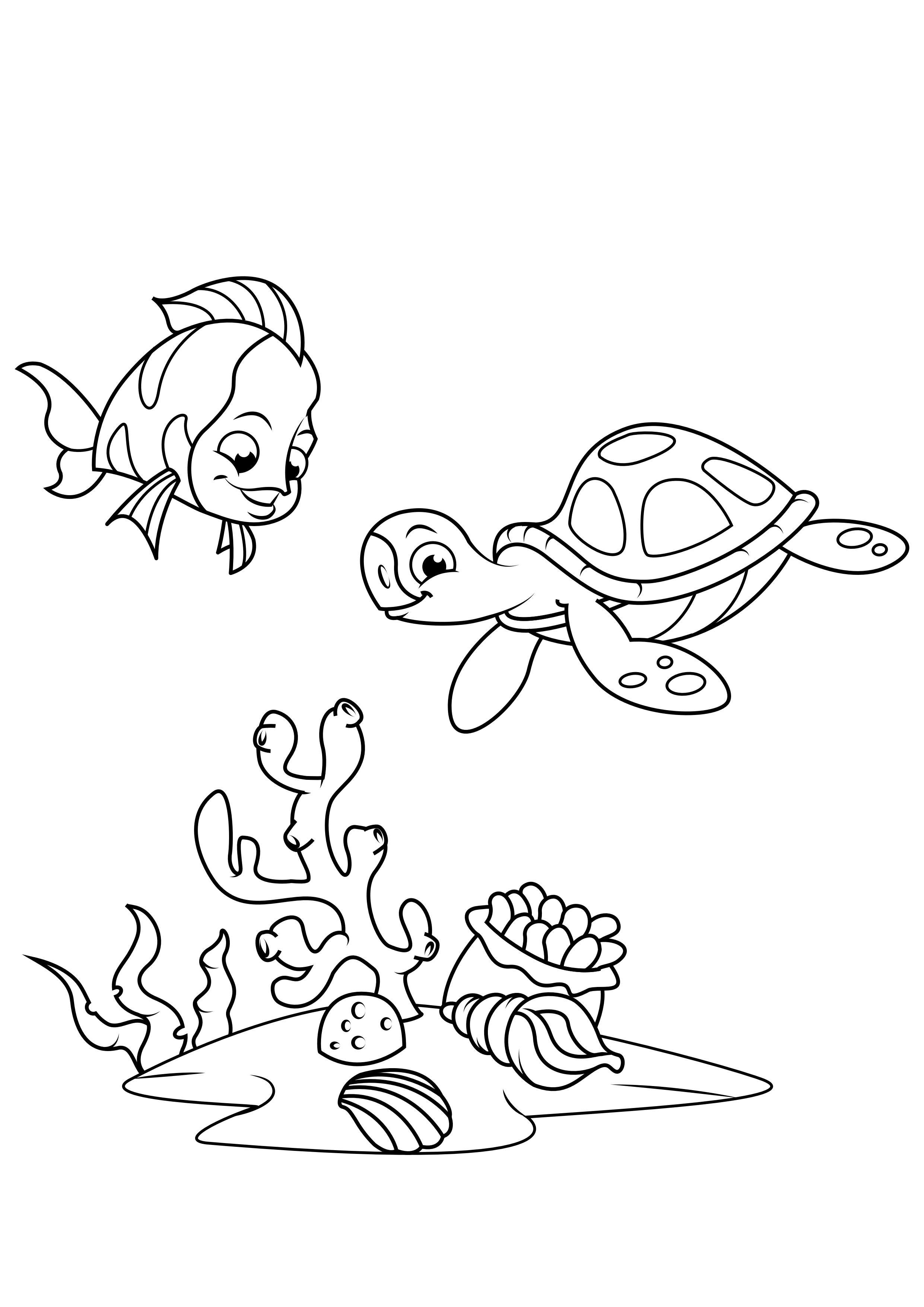 Dibujo para colorear pez y tortuga de agua
