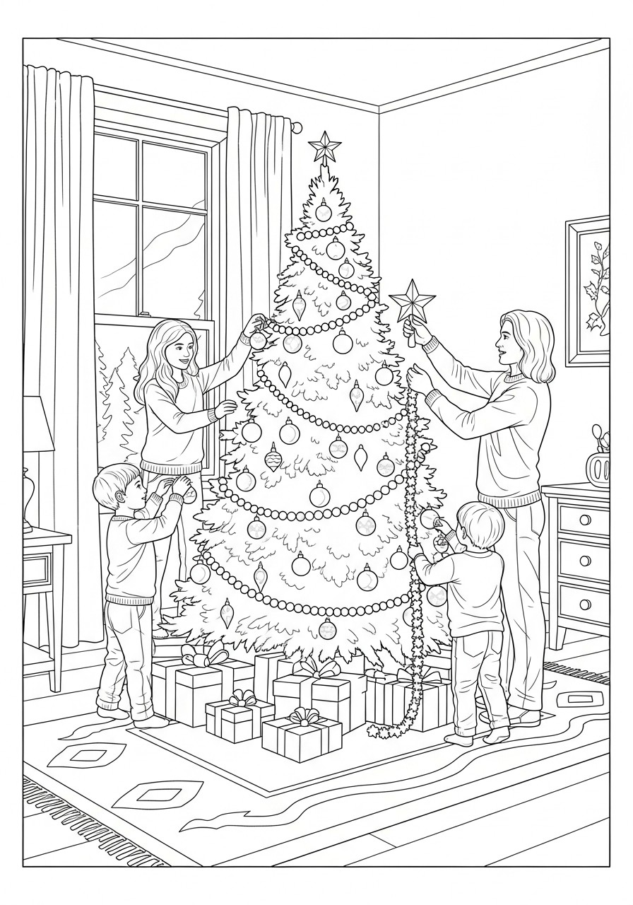 poniendo un A¡rbol de navidad con la familia Dibujo para colorear poniendo un A¡rbol de navidad con la familia