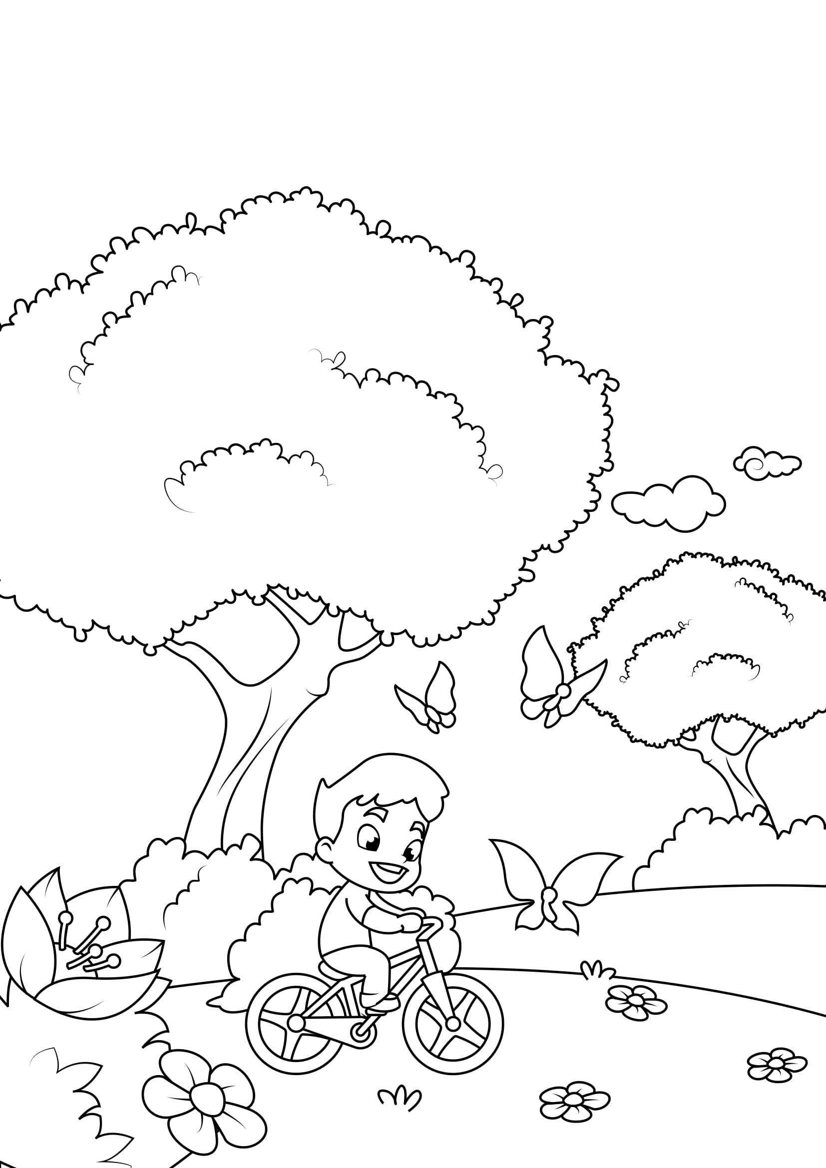 Dibujo para colorear primavera, ciclismo en el jardA­n