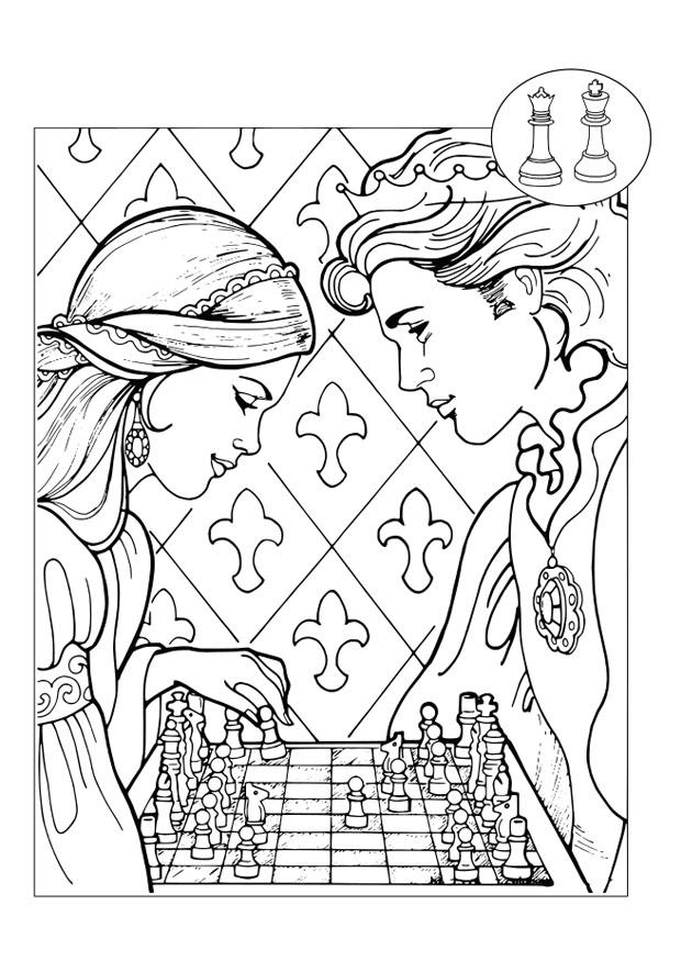 Dibujo para colorear prA­ncipe y princesa jugando al ajedrez