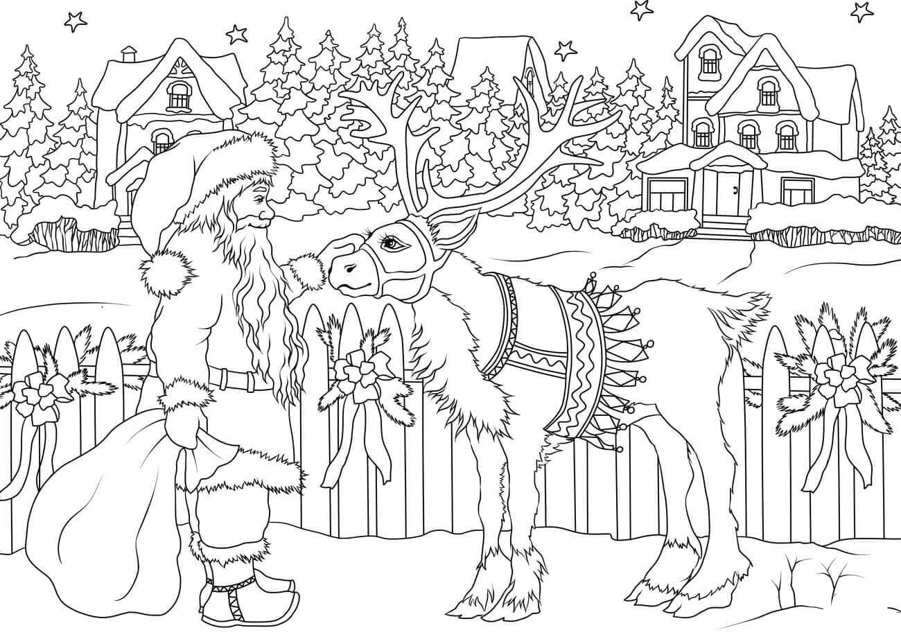 santa con renos Dibujo para colorear santa con renos