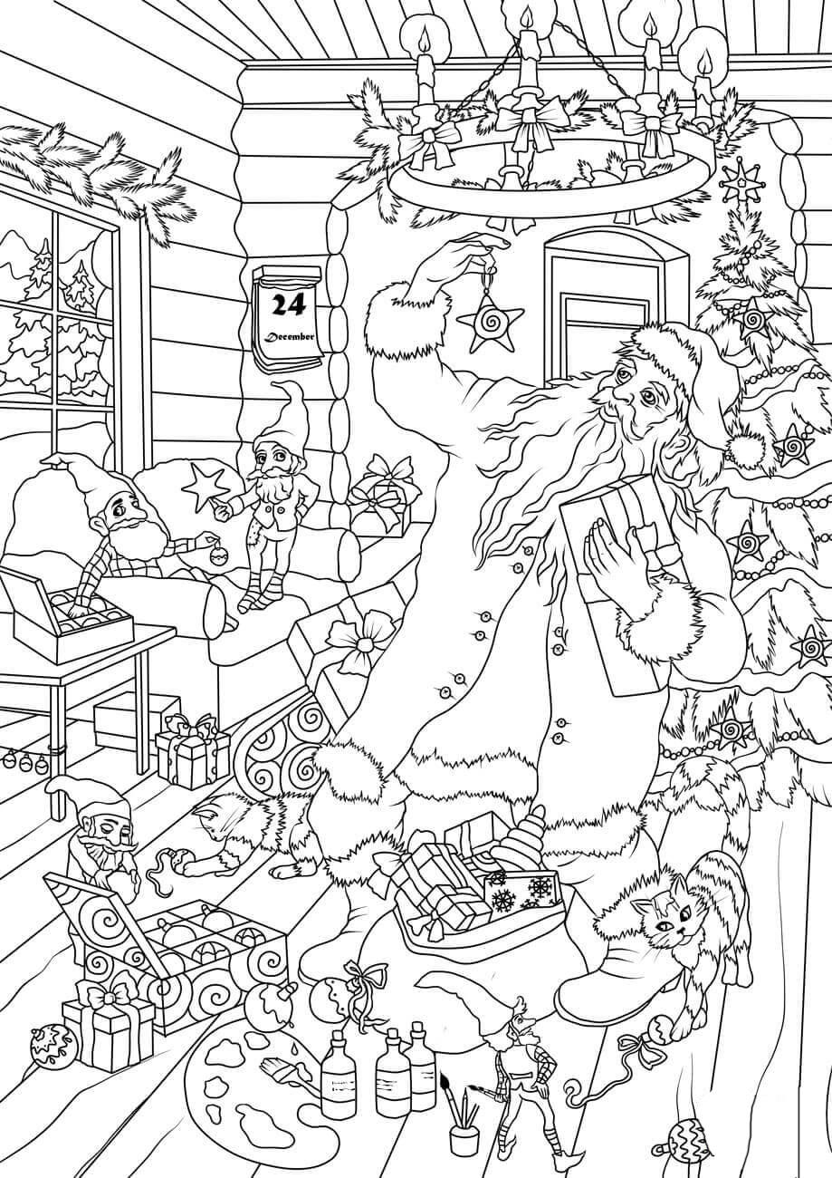 santa y los elfos eligen paquetes Dibujo para colorear santa y los elfos eligen paquetes