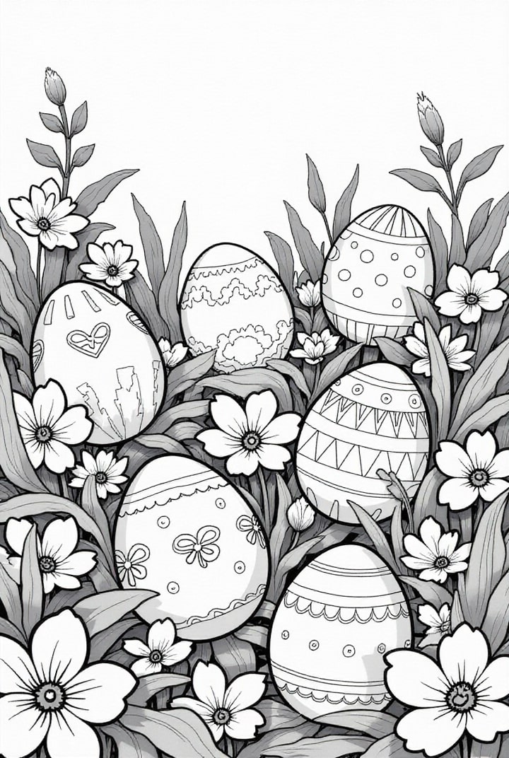 Dibujo para colorear seis huevos de pascua en el jardA­n.
