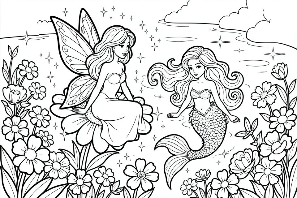 Dibujo para colorear sirena y hada