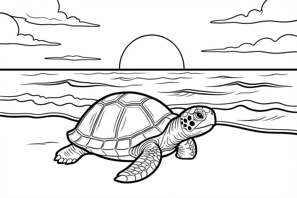tortuga en la playa con una hermosa puesta de sol. Dibujo para colorear tortuga en la playa con una hermosa puesta de sol.