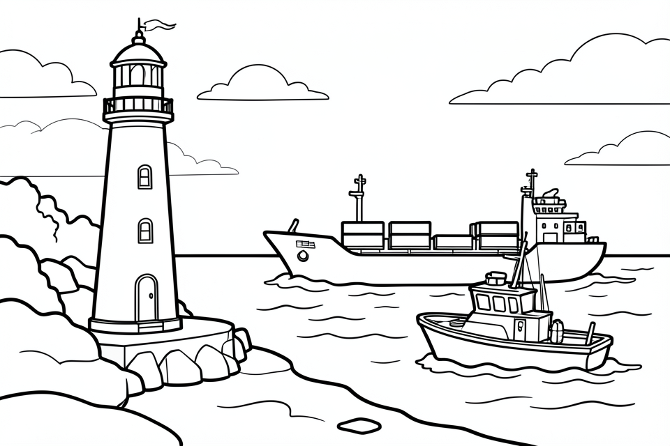 Dibujo para colorear un faro en el puerto con barcos en el mar