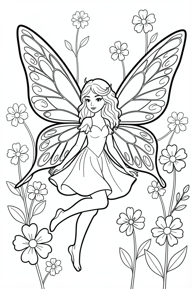 Dibujo para colorear un hada entre las flores