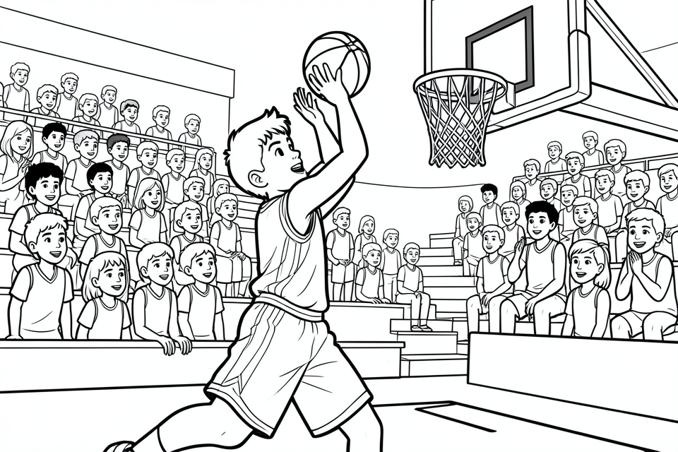 un nino juega al baloncesto. Dibujo para colorear un nino juega al baloncesto.