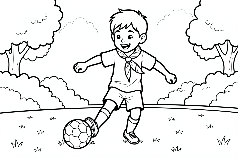 un nino juega al fAºtbol en el parque. Dibujo para colorear un nino juega al fAºtbol en el parque.