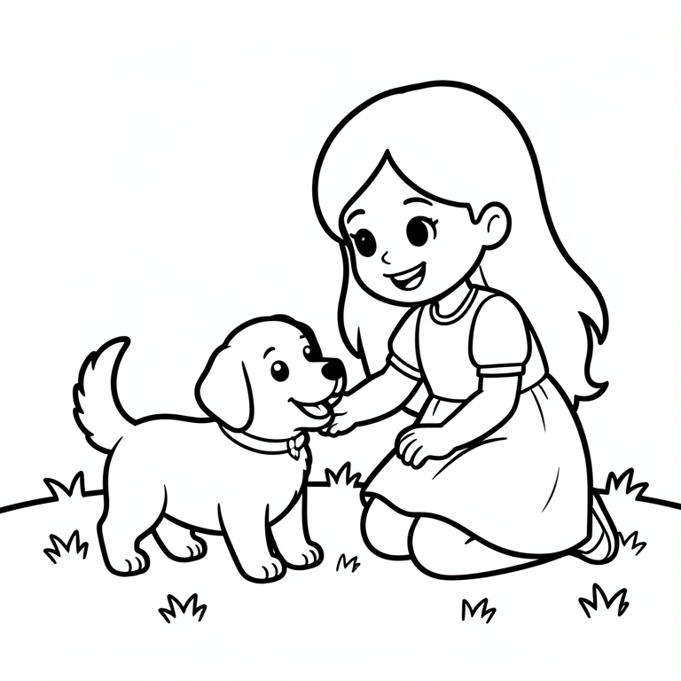 una nina juega con un perro. Dibujo para colorear una nina juega con un perro.