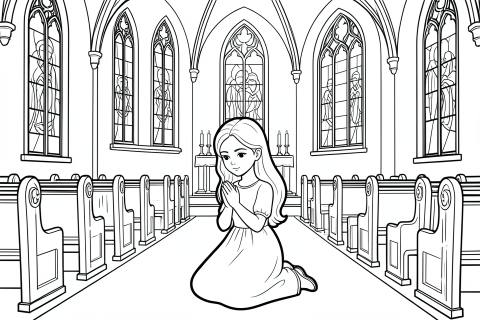 una nina reza en la iglesia. Dibujo para colorear una nina reza en la iglesia.