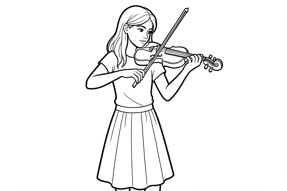 una nina toca el violAn. Dibujo para colorear una nina toca el violAn.