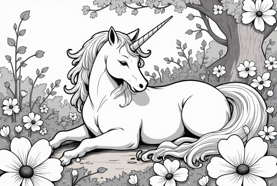 unicornio descansando en el bosque Dibujo para colorear unicornio descansando en el bosque