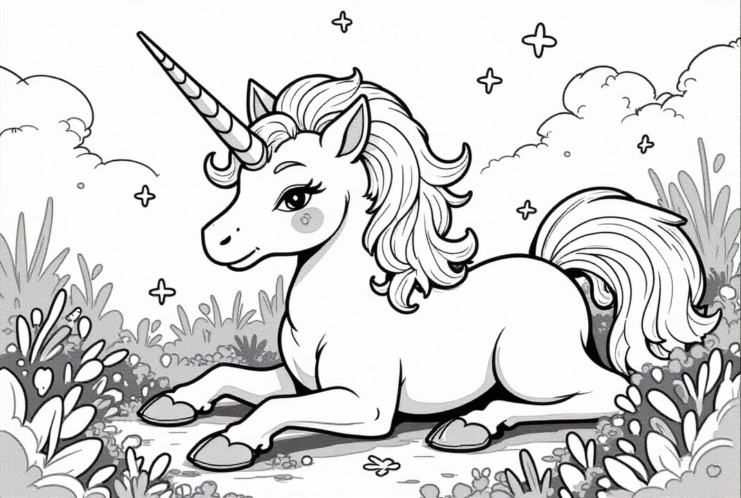 unicornio descansando en el prado Dibujo para colorear unicornio descansando en el prado