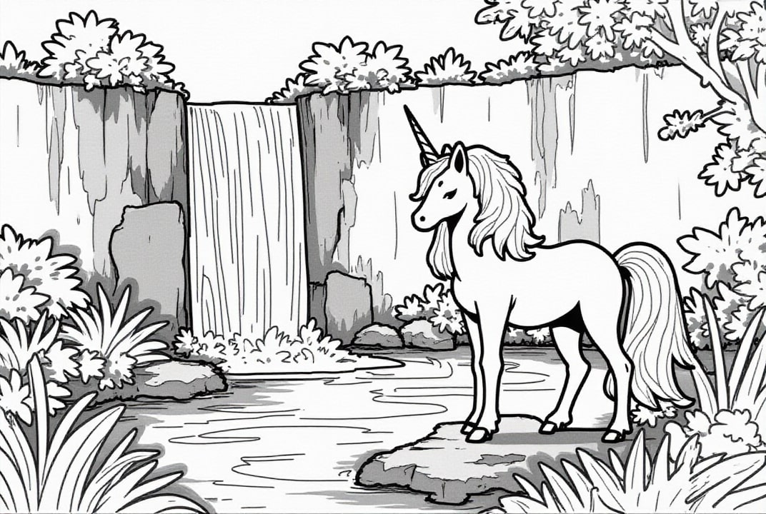 unicornio en la cascada Dibujo para colorear unicornio en la cascada