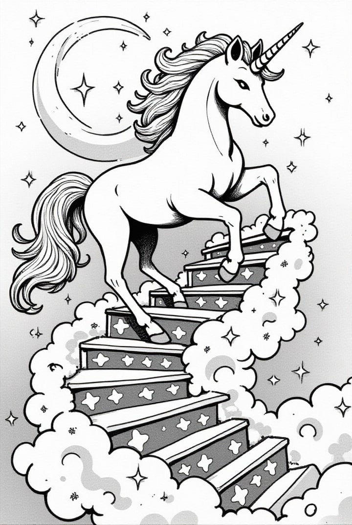 unicornio en la escalera mA¡gica Dibujo para colorear unicornio en la escalera mA¡gica