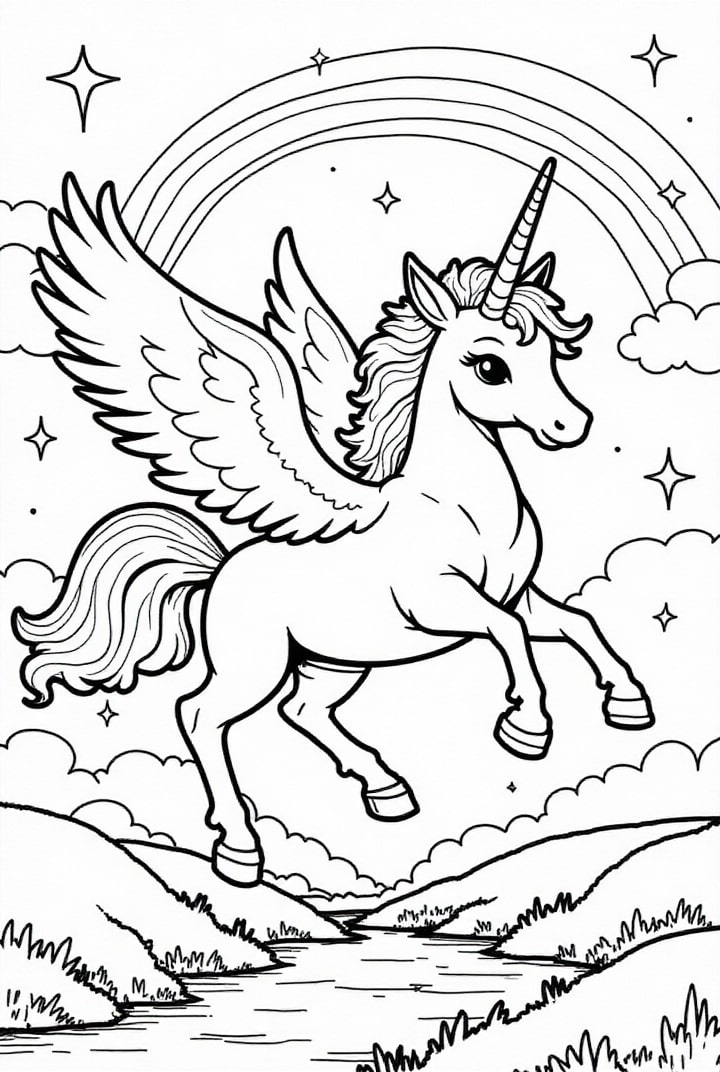Dibujo para colorear unicornio volando por el cielo con arcoiris