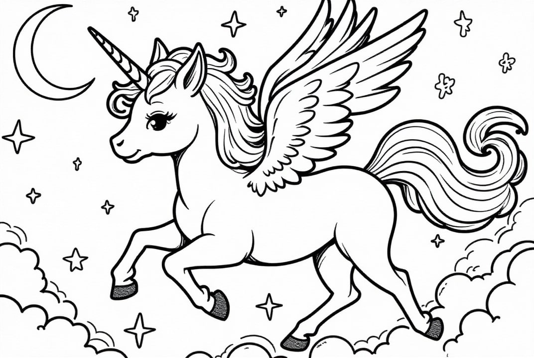unicornio volando por las nubes Dibujo para colorear unicornio volando por las nubes